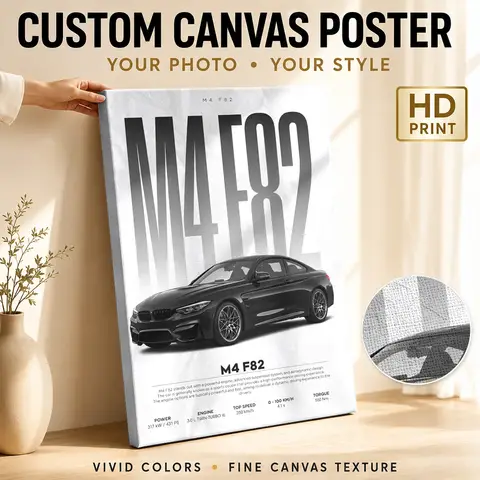 German F82 M4 White Sports Car Framed Canvas Posters Retro Style Wall Decor With Personalized Photo For Office Ideal Driver Gift