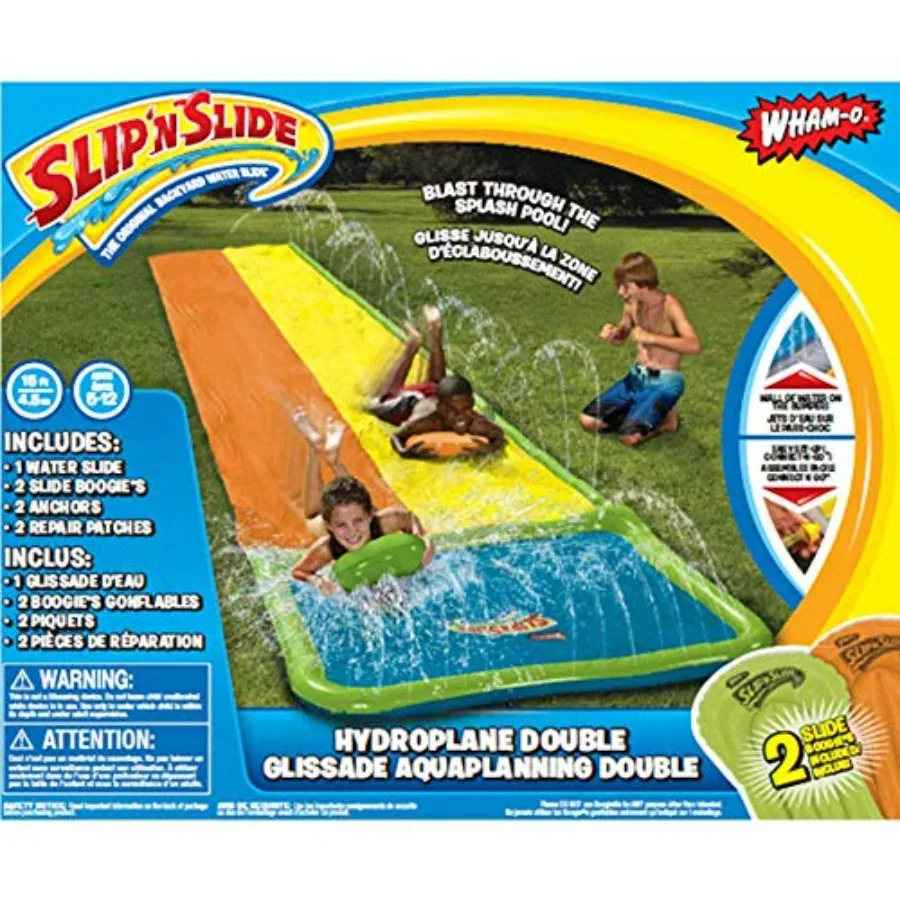 Slip N Slide Hydroplane Double with 2 Slide Boogies for backyard water play, durable PVC material, vibrant blue and yellow colo