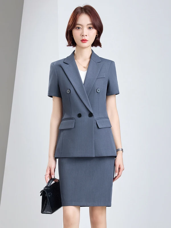 

Business Formal Color Commute Women's Summer Outfit Waist-Cinching OL Suit Skirt Two-Piece Set Short Sleeve Jacket