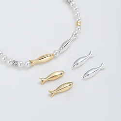 2 PCs Brass Ocean Jewelry Beads Tips For DIY Bracelet Jewelry Making Gold Plated Fish Clear Cubic Zirconia About 15.8mm x 4.2mm