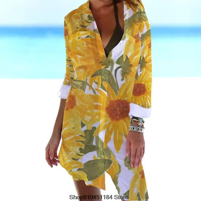 

Летняя повседневная женская рубашка, модная блузка с длинным рукавом и отложным воротником с 3D принтом, сексуальный пляжный купальник с V-образным вырезом, кардиган, Топ