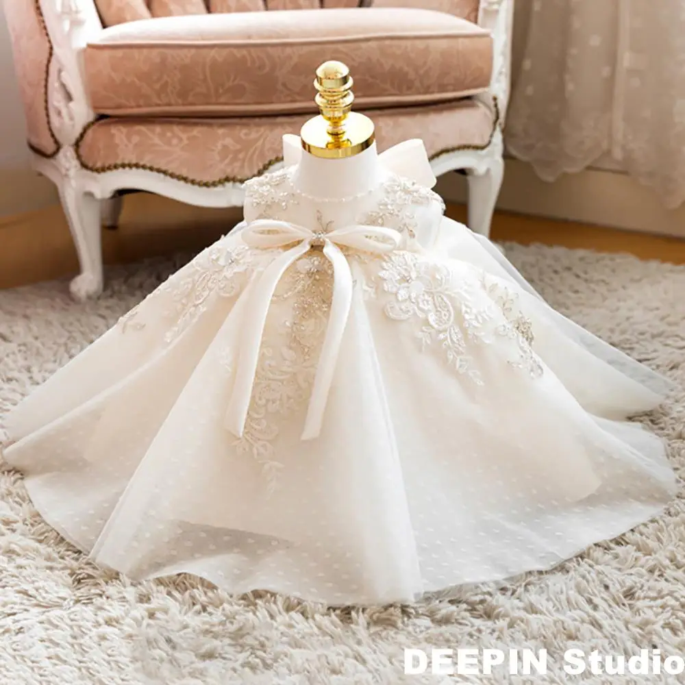 

Baby Girl Baptism Dresses 2024 Kids Beading Bow Lace Tulle Toddler Christening Gown 1st Birthday Dresses Infant Boutique Vestido