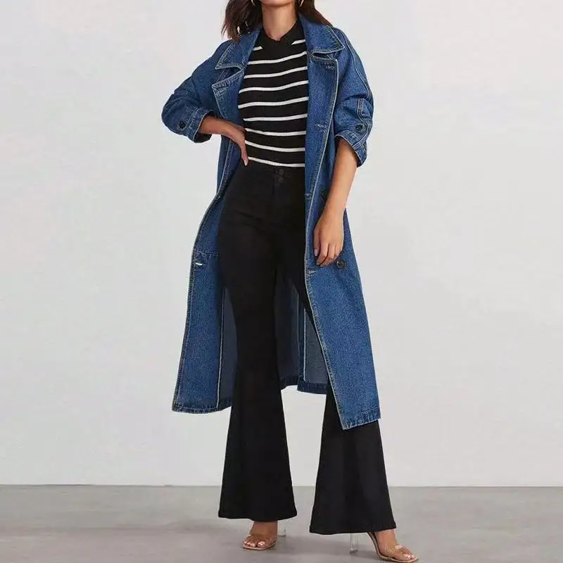 Women's Denim Trench Coat 2026 Solid Color Lapel Long Sleeve Lace up Long Jacket Autumn Outerwear