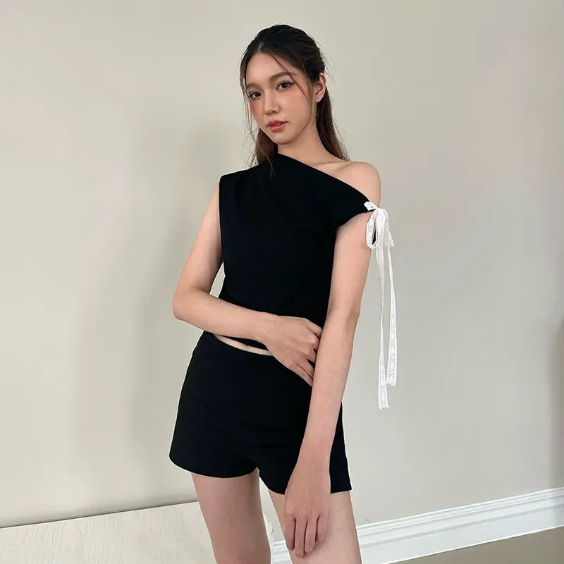 Women One Shoulder Tie Sleeveless Top Solid Color Slim Fitted Short Casual T Shirt
