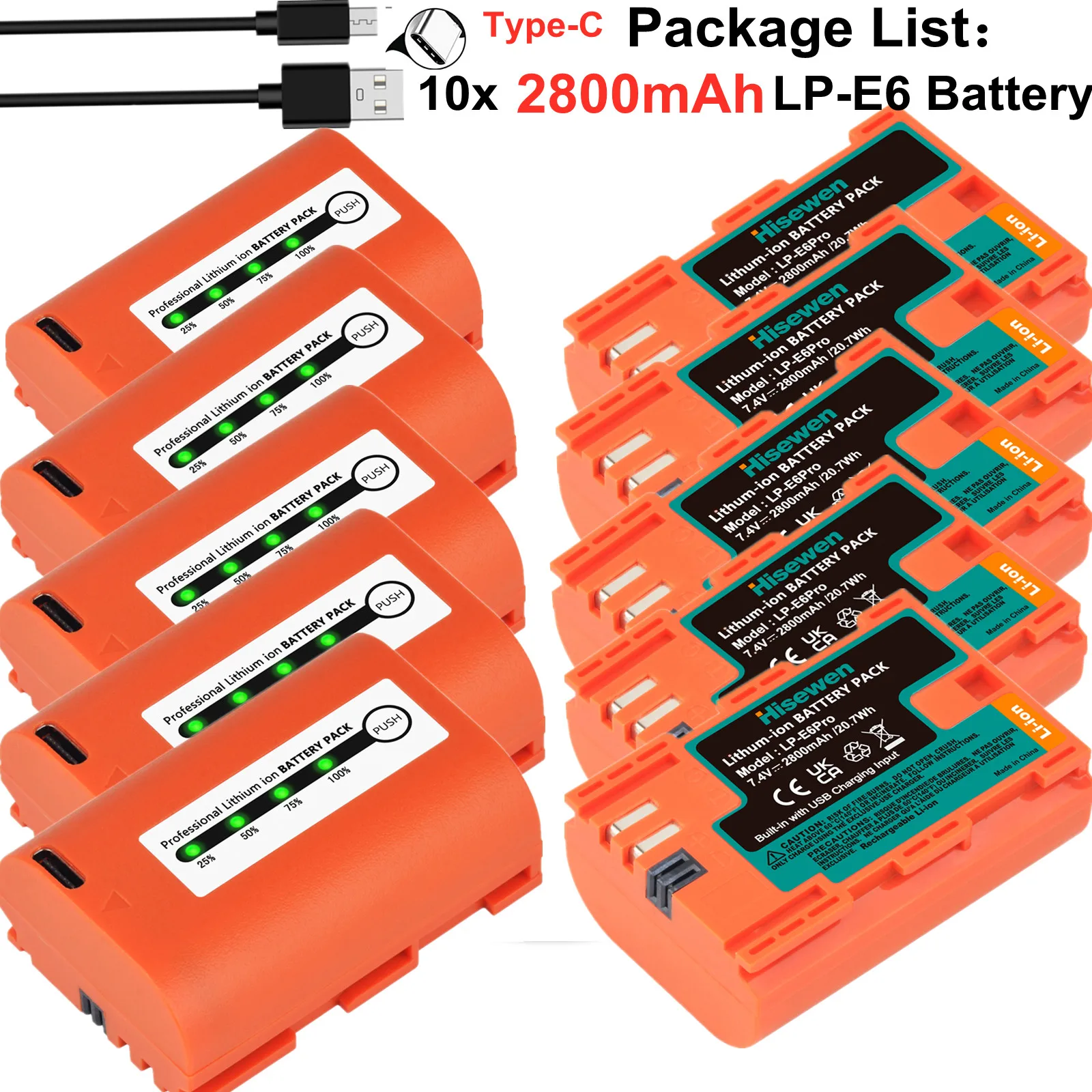 Hisewen 10szt 2800mAh LP E6N E6 LP-E6 LP-E6Pro Bateria z typem C do Canon EOS R 5D Mark II III 6D 7D 60D 70D 80D 90D R7 R6