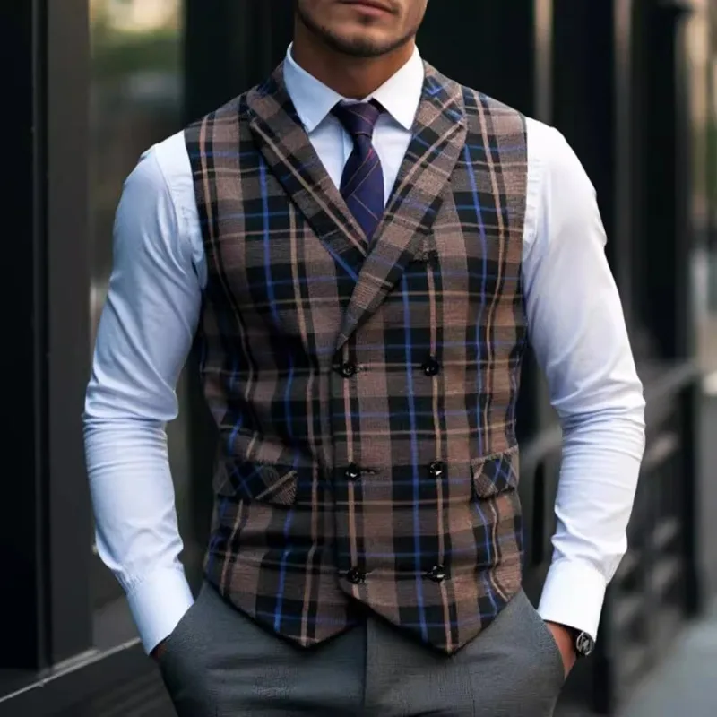 

Plaid Men's Casual Double-breasted Suit Vest British Style V Neck Sleeveless Vest Waistcoat Formal Business Uniform Suit Vest