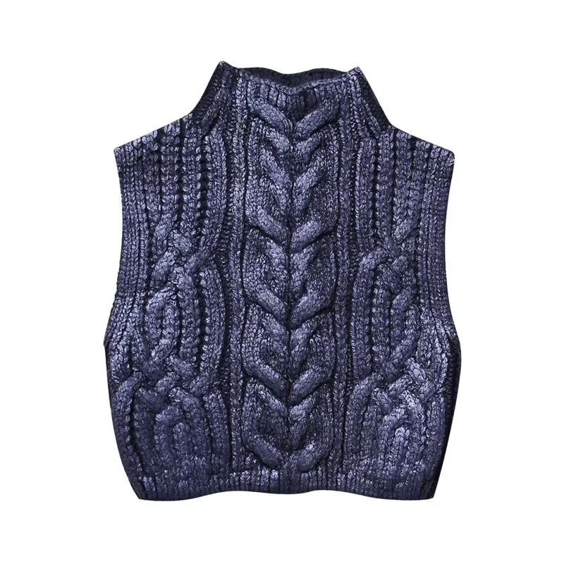 High Street Sleeveless Knitted Sweater Vest Stand-up Collar Cropped Top Fashion Metallic Color Twist Crochet Pullover For Women