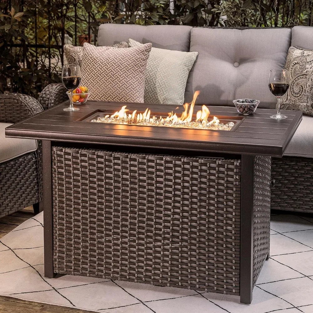 

43-inch Fire Pit Table, Aluminum Tabletop, PE Rattan Weaved Steel Frame, Water-Proof Oxford Cover, Glass Bead, Lid, Gas Fire Pit