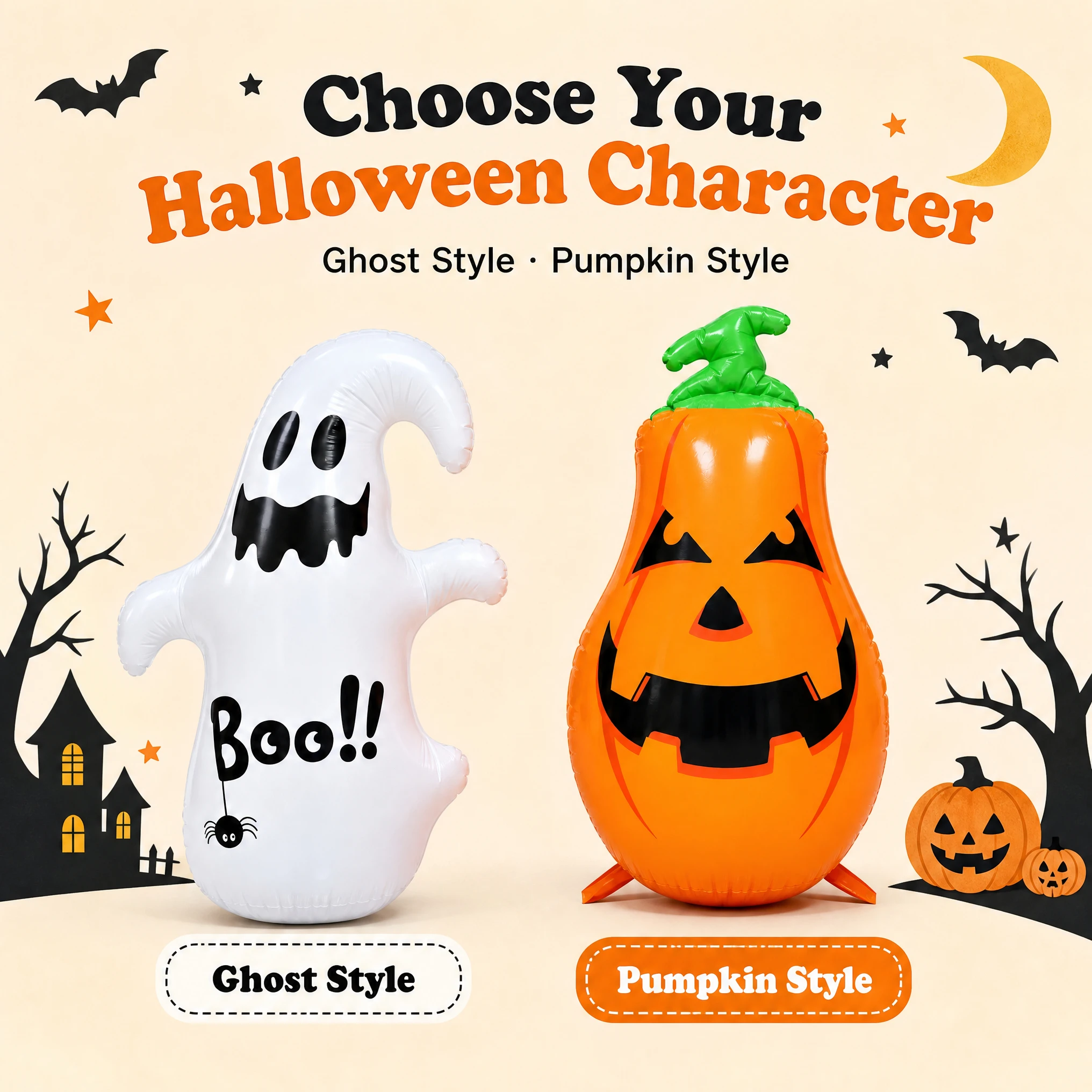 Thickened PVC Halloween Inflatable Ghost Pumpkin Tumbler, Wobble Blow Up Ornament for Home, Kindergarten, Halloween Party