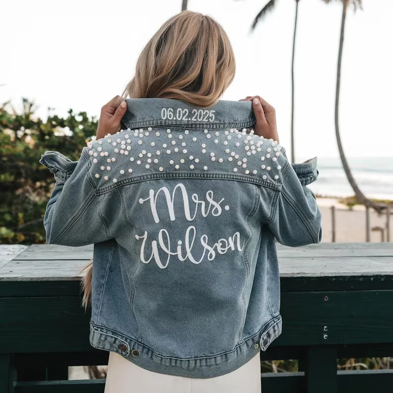 Embroidered Future Mrs Pearl Bride Jackets Custom Bride Jean Jacket Personalized Bridal Gift Wifey Customized Name Denim Coat