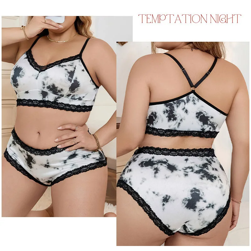 Plus-size Bra Panties Set Chinese Style Ink Print Underwear Push up Cross-strap Women\'s Underwear Panties Lace