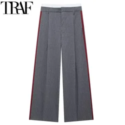 TRAF Women's Pants Striped Wide Leg Pants Women Autumn Office Wear Baggy Long Pants Female Pleated Boxer Casual Woman Trousers