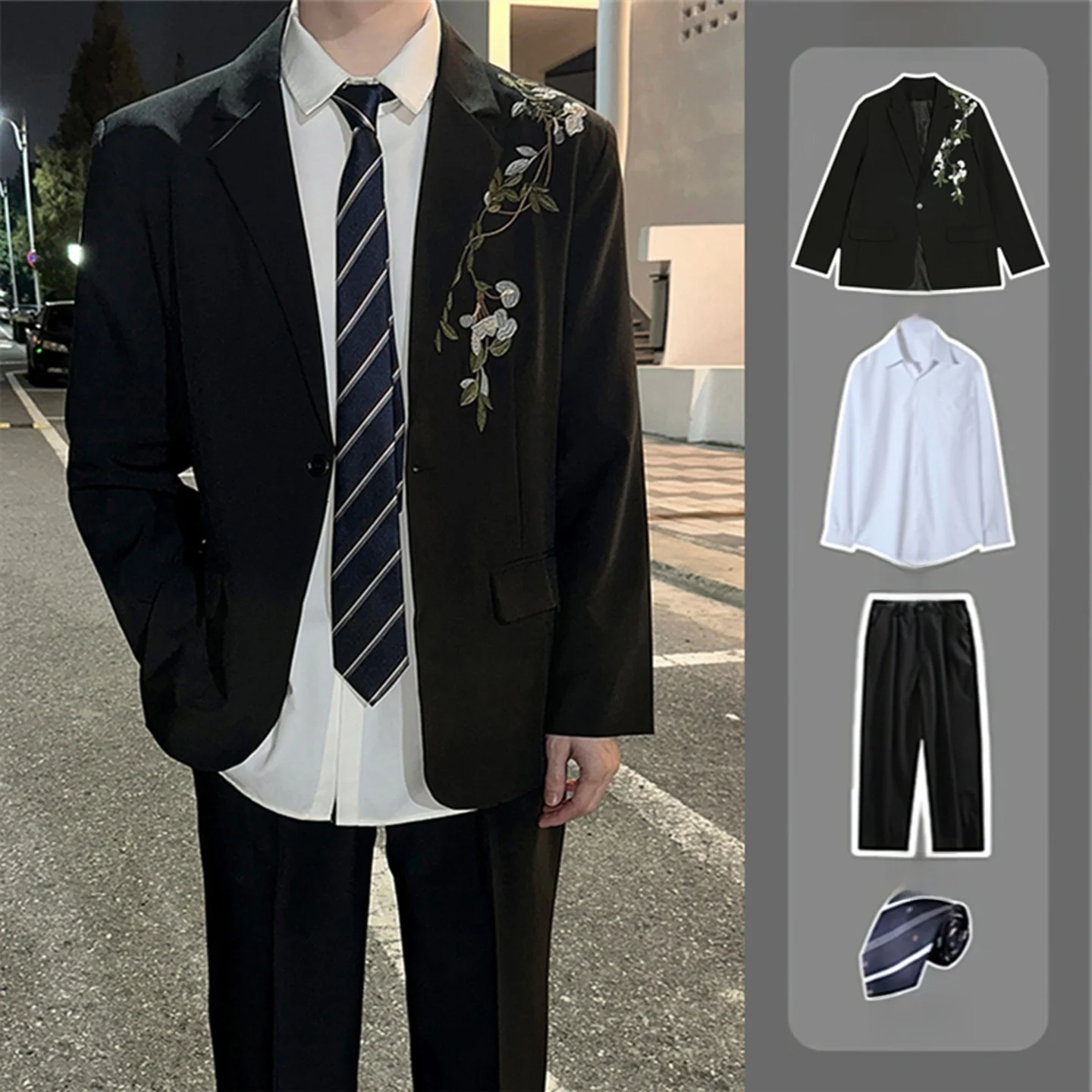 

New Chinese Style Men's Suit Black Tea Flower Embroidery Casual Versatile Wedding Dressing Coat Standard Fit Four Seasons Suit