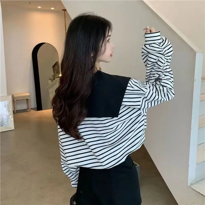 T-shirts Women Sailor Collar Long Sleeve Striped Loose Tops Spring American Fashion Age-reducing Preppy Style Students Leisure