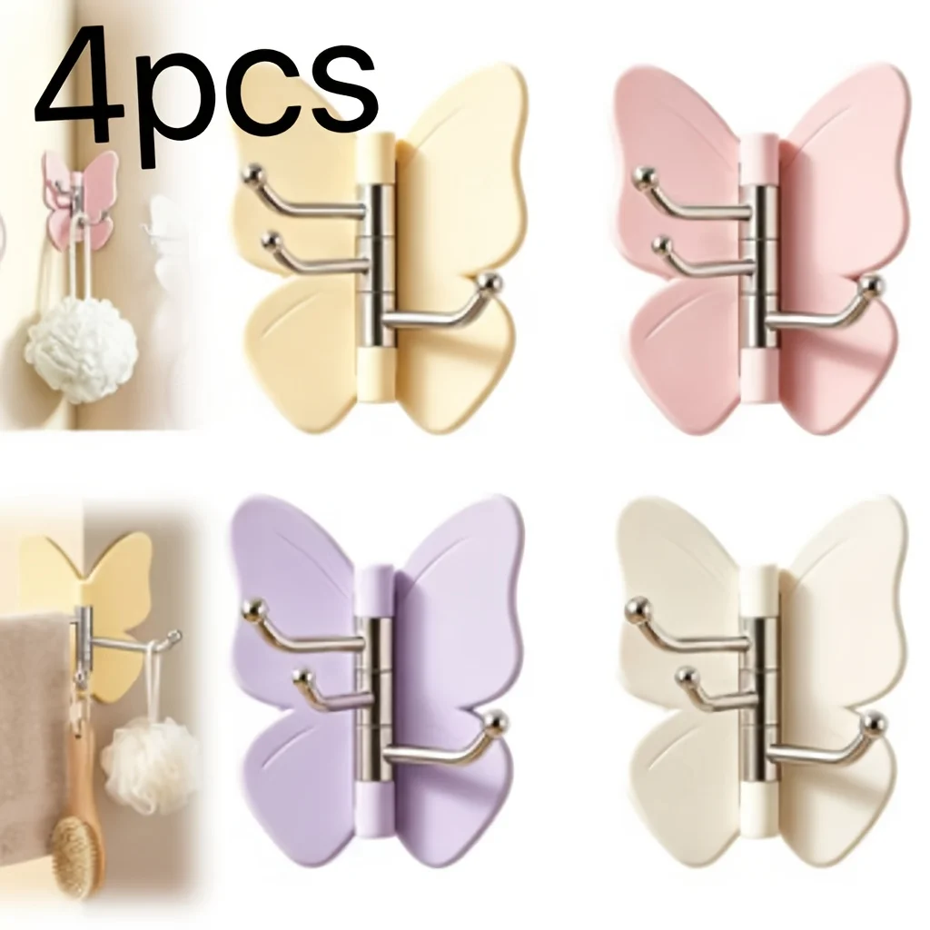 Macaron Pastel Butterfly Shape Damage-Free Adhesive Hook, Dual Rotating Metal Hook Design, Multi-Angle Wall & Corner Storage Organizer Bulk Supply