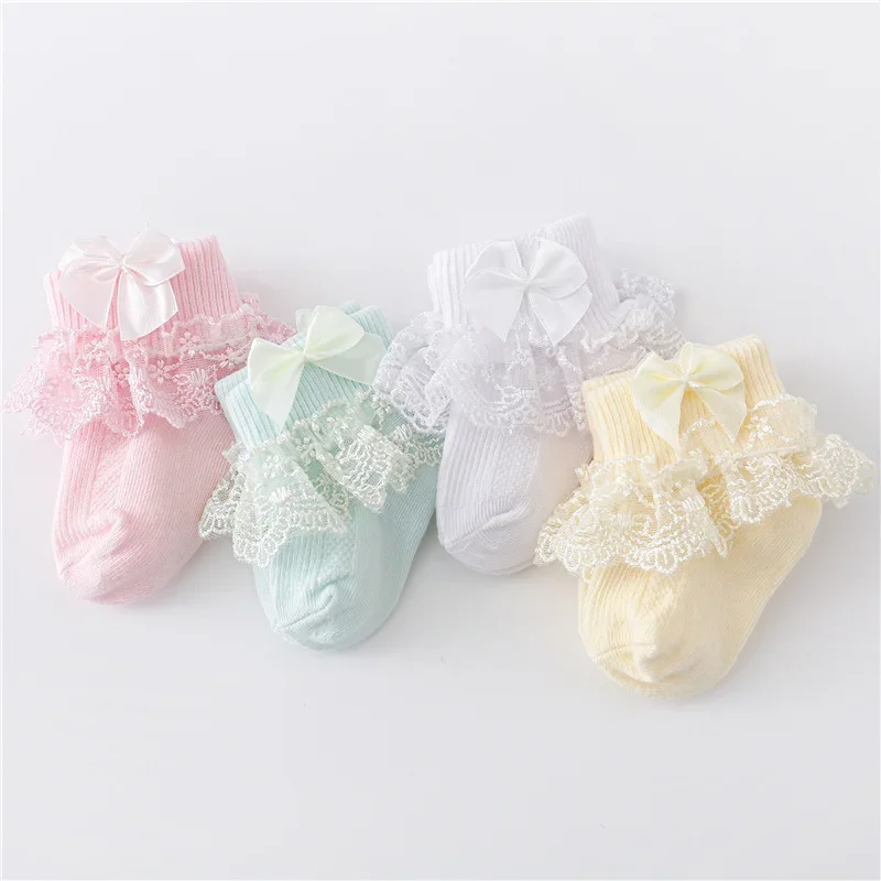 

4Pairs/lot Newborn Baby Socks For Girls Cotton Lace Infant Girls Sock Princess Bow Toddler Baby Girls Socks Spring 0-24M