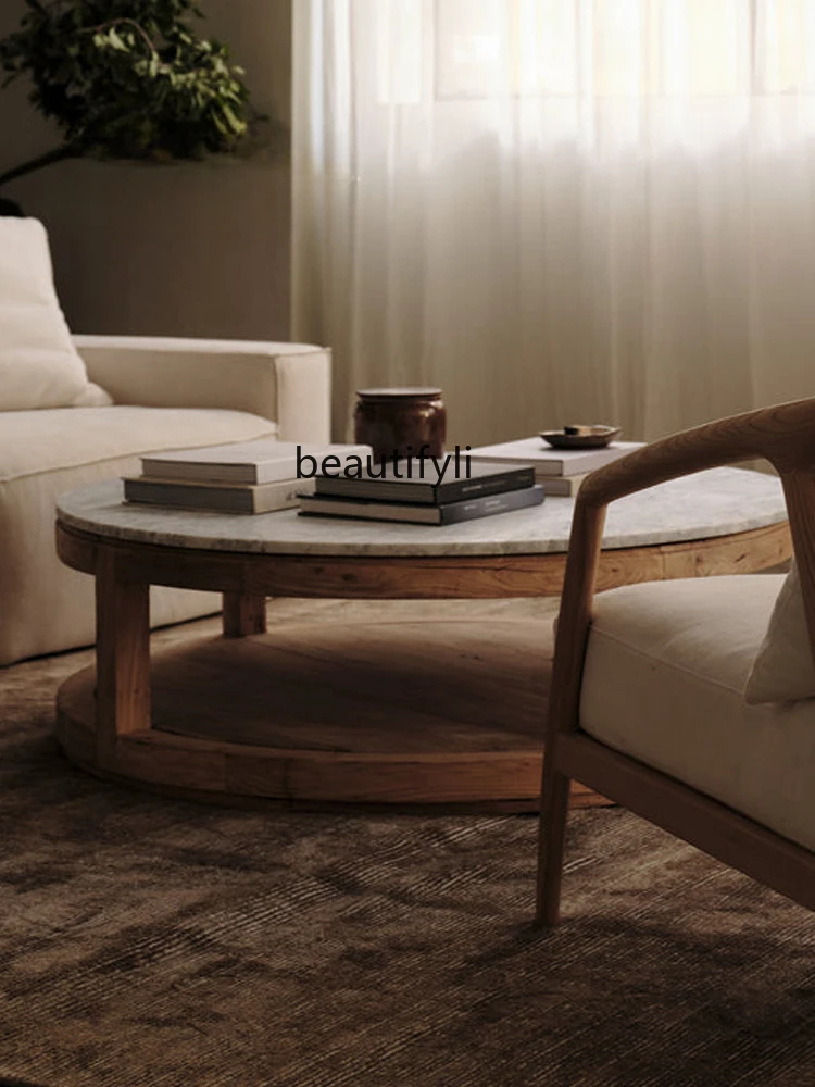 Light Luxury and Simplicity round Coffee Table Marble Tea Table Cave Stone Black and White Root Cala White Silent Wind