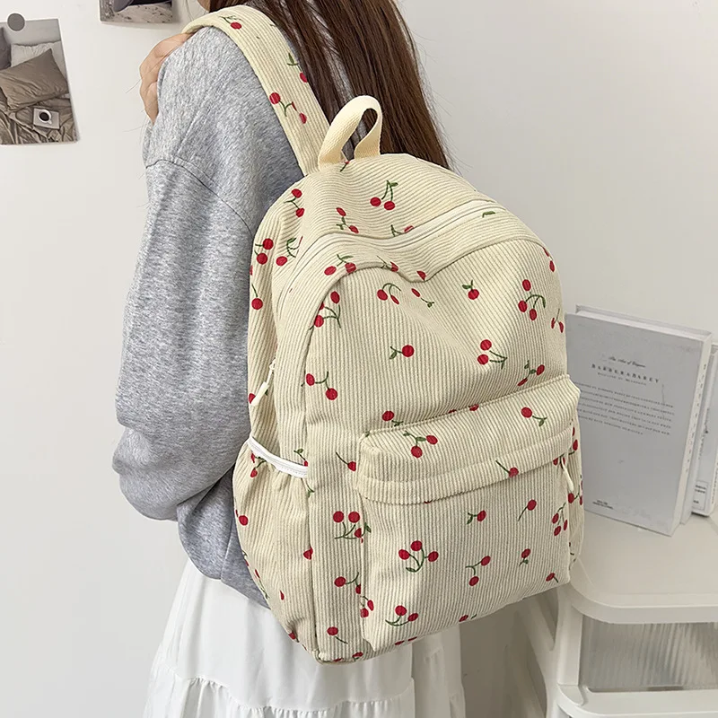 Corduroy Strawberry Backpack Students School Bag Large Capacity Fashion Teenagers Daypack Adjustable Strap for Outdoor Travel