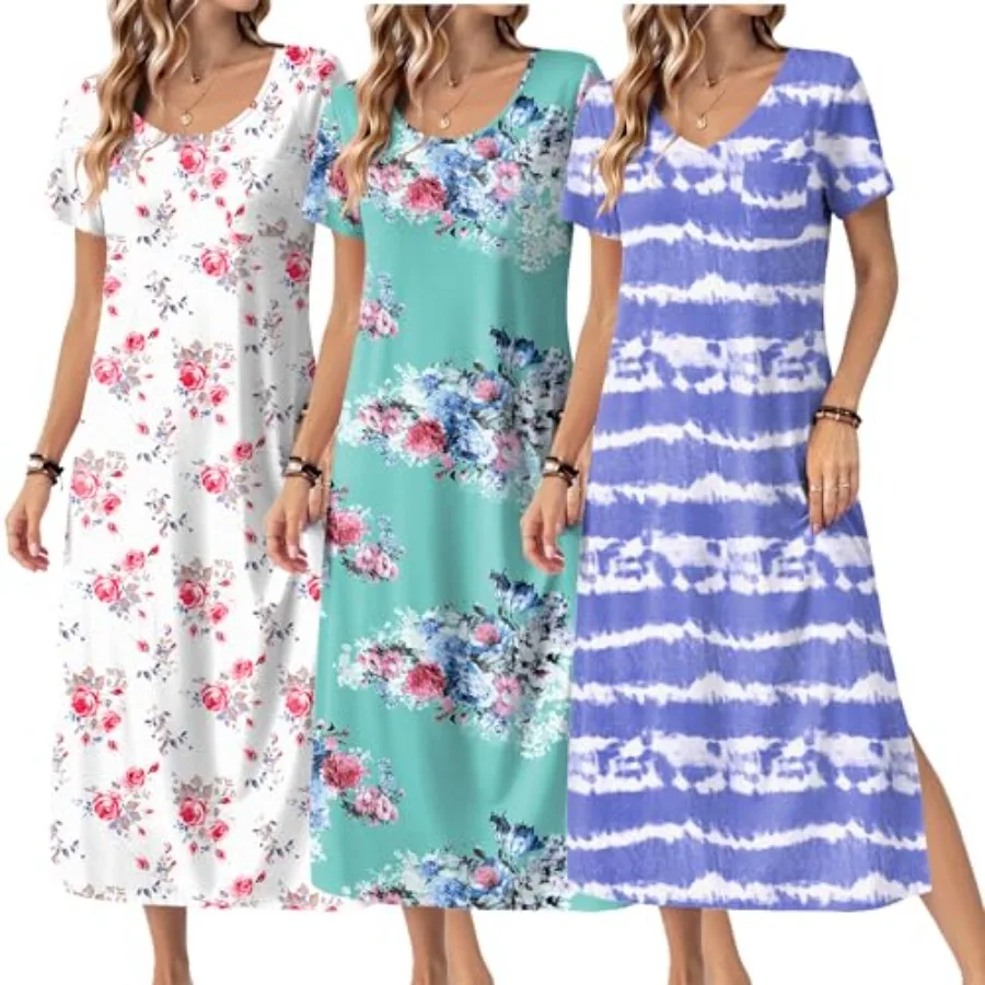 Ekouaer Long Nightgowns for Women 3 Pack Night Gown Short Sleeve House Dress V Neck Lounge Dress Plus Size Sleep Shirts