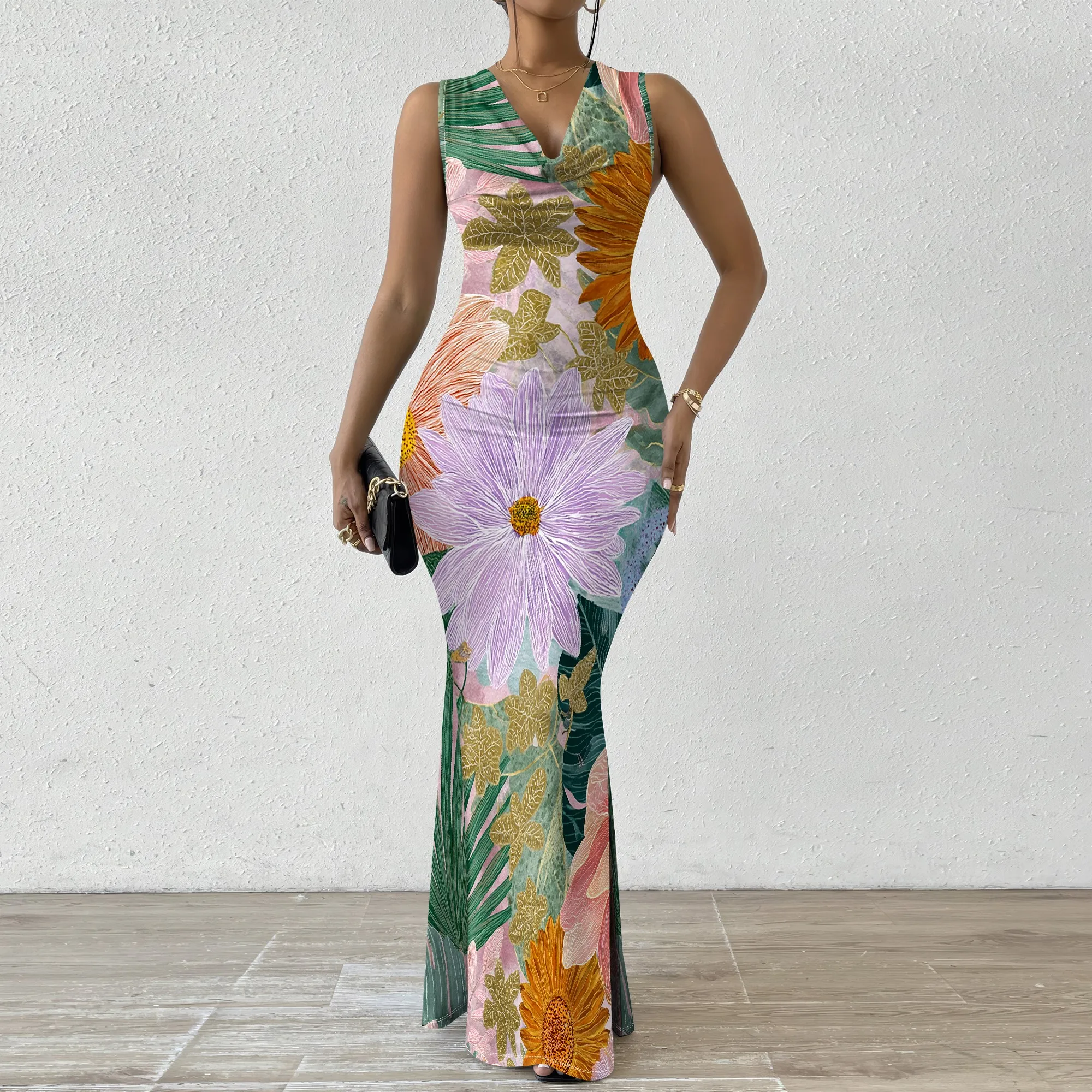 

Elegant Floral Print Bodycon Maxi Dress XS-2XL V-Neck Sleeveless Garden Party or Summer Vacation Look