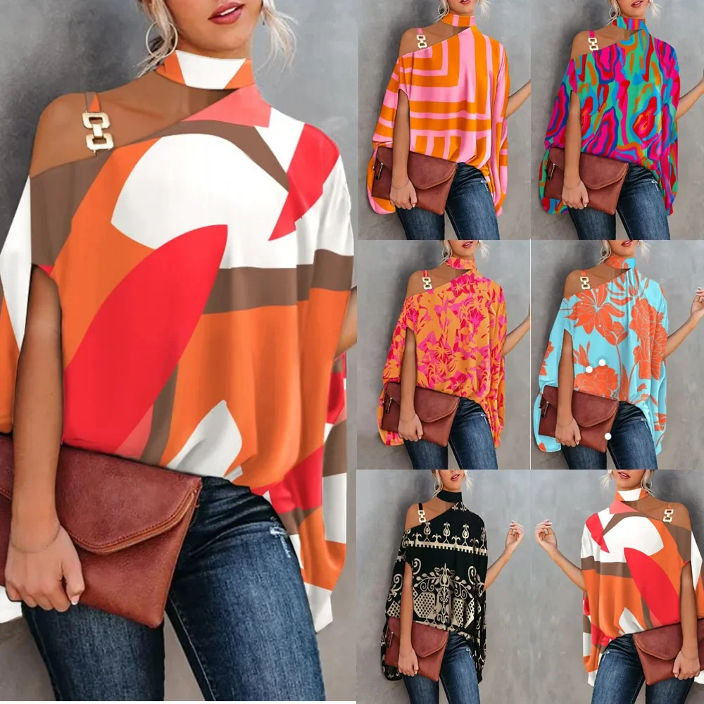 Sexy Halter Print Shirt Irregular Top Women Summer Batwing Sleeve Holiday Bare Shoulders Shirts Y2k Beach Leisure Elegant