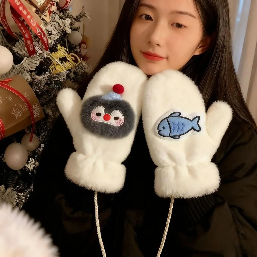 Cute Penguin Gloves with Ropes Cold Protection Full Finger Mitten Windproof Soft Skiing Gloves Outdoor