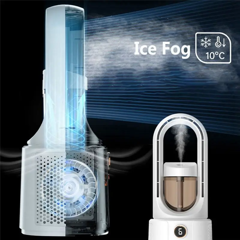 【Home-Accessories】Bladeless Fan, Leafless Fan, USB Mute Desktop Bedroom Night Light Humidifying Electric Fan, Portable Fan (Whi