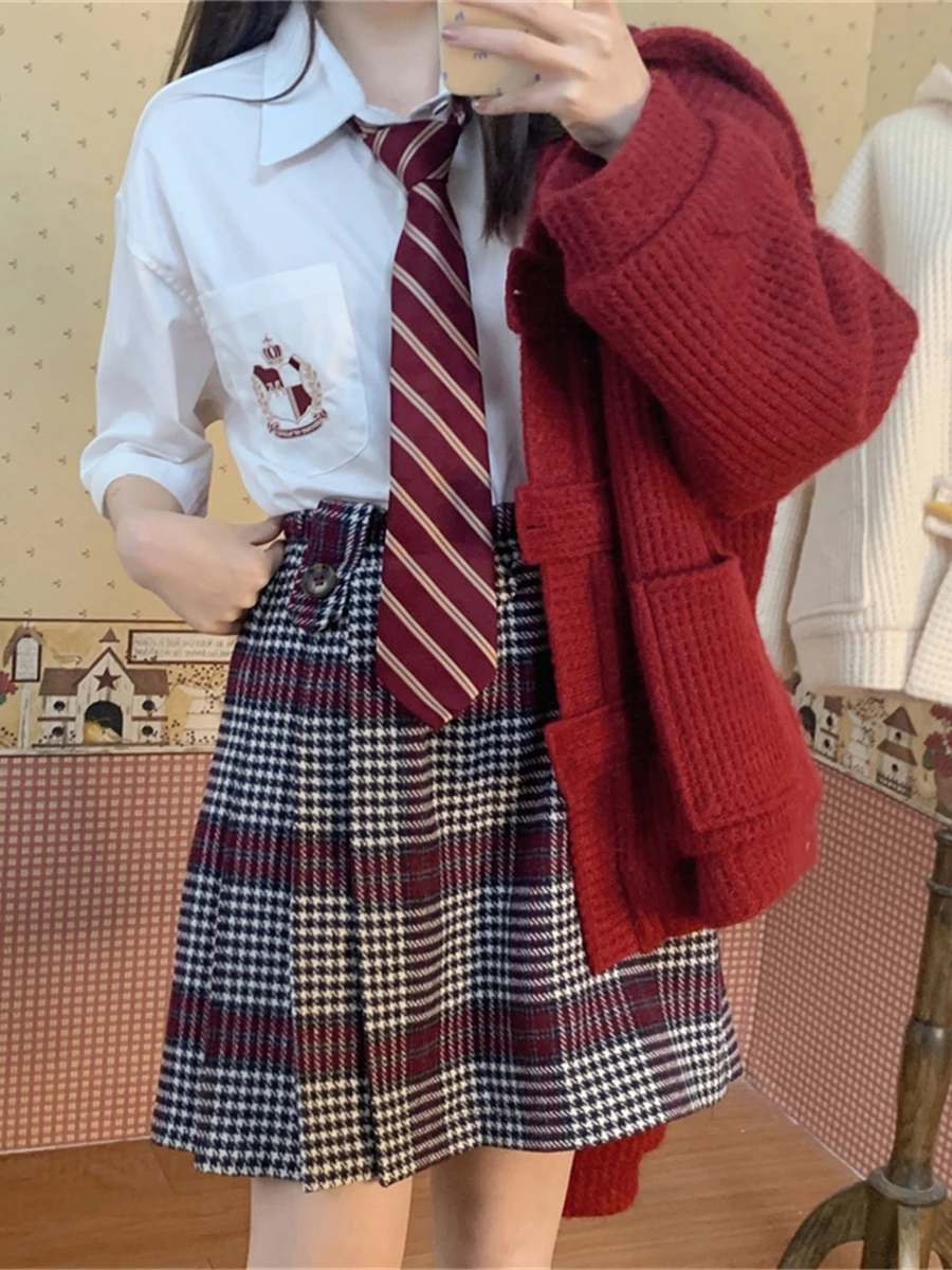 Original Mysterious Rabbit Girl JK Korean Style Thickened Double-sided Woolen Gray Red Stripes Half Skirt Pants College Style