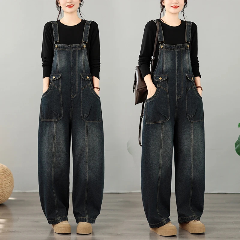 Loose Casual Denim Overalls with Big Pockets for plus Size Women Knife  Strap Long Jeans Cotton Washed Slimming Design