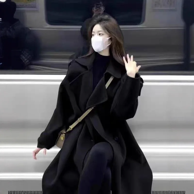 Dámský šedý vlněný kabát Plus Size, podzim/zima 2025, nový styl, zesílený, korejský styl, Hepburn, s dlouhým rukávem, polo límec... - náhled 2