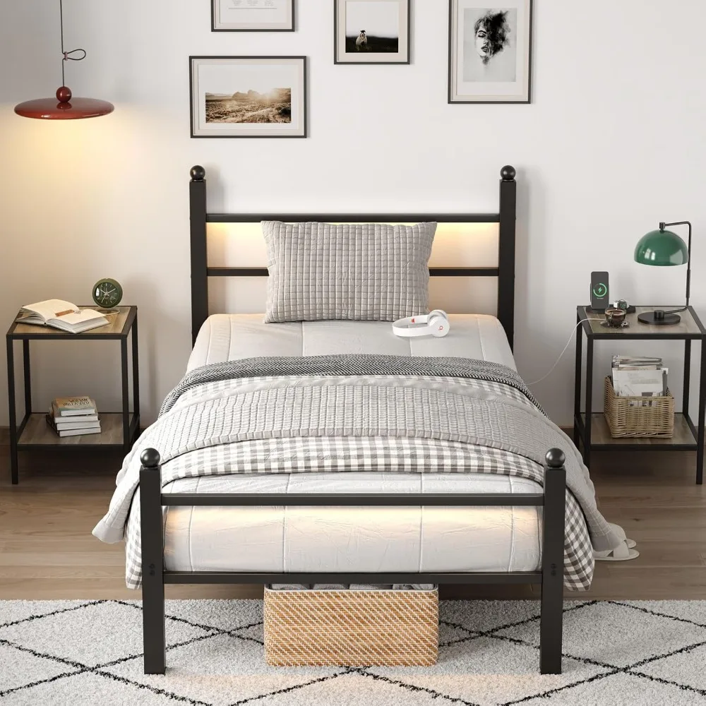 إطار سرير مزدوج مع لوح أمامي ولوح للقدمين، إطار سرير معدني مع قاعدة شحن وأضواء LED، تخزين تحت السرير، بدون صندوق Spr