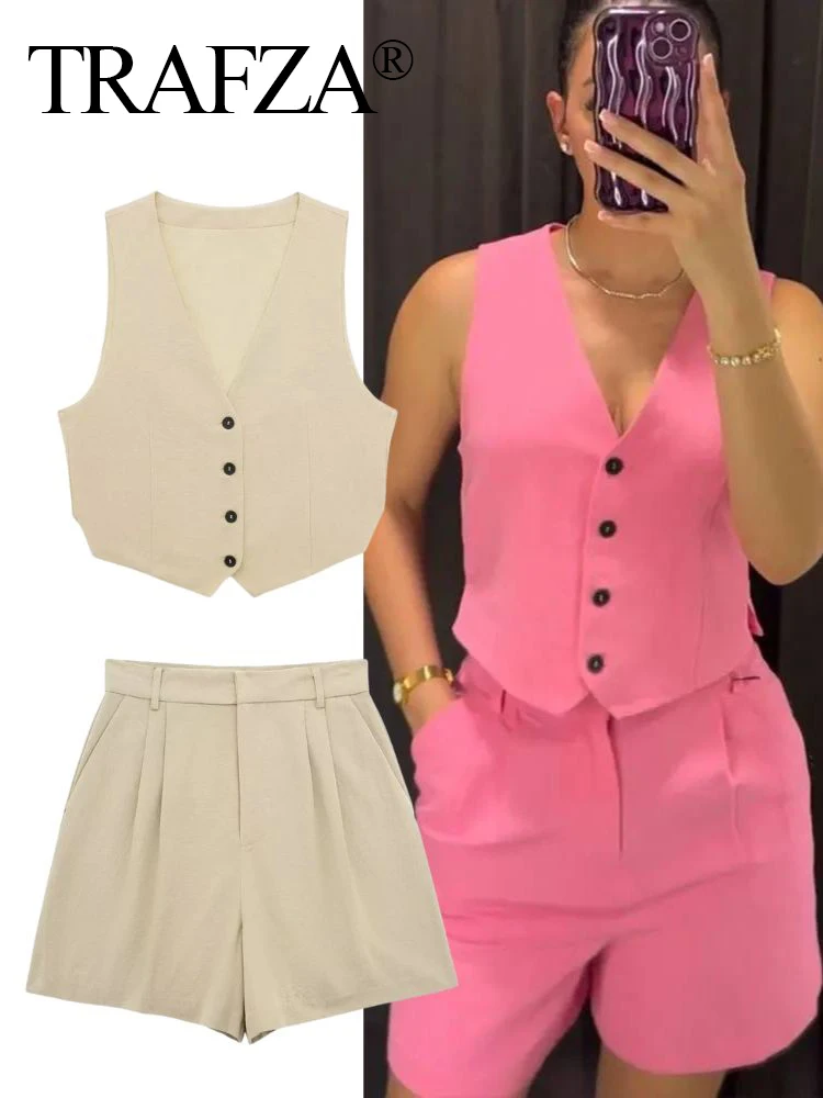 TRAFZA Vintage Women Solid Vest Shorts Sets Button V Neck Crop Vest Top Zipper Fly High Waist Slim Short Pink Streetwear Outfit