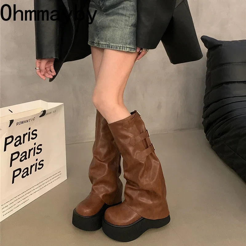 Punk Style Belt Buckle Long Knee-High Women Boots Fashion Platform Heels Shoes Autumn Winter Slip On Party Botas Mujer