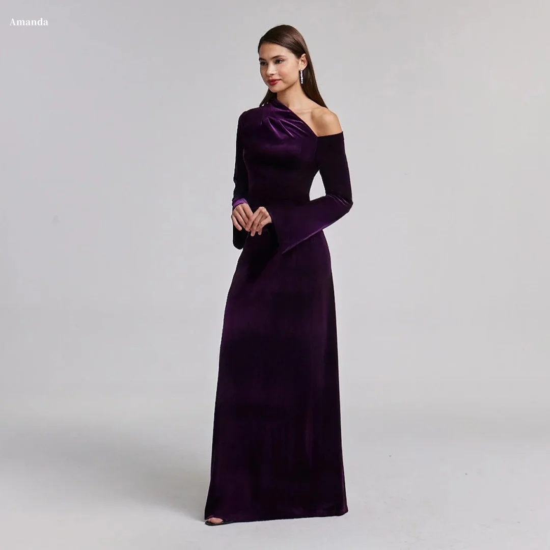

Amanda Purple Velvet Off-shoulder Long Sleeve Flared Cuff Customized Prom Dress vestidos de noche Formal Evening Gown for Women