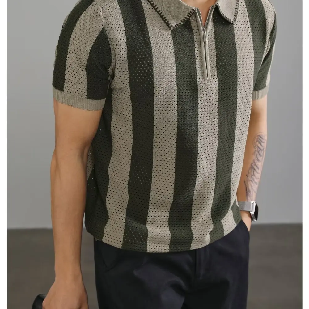 Mens Casual Polo Shirt Ice Silk Knitted Short Sleeve Summer Business Lapel Zipper Breathable Loose Comfort Fashion Tee