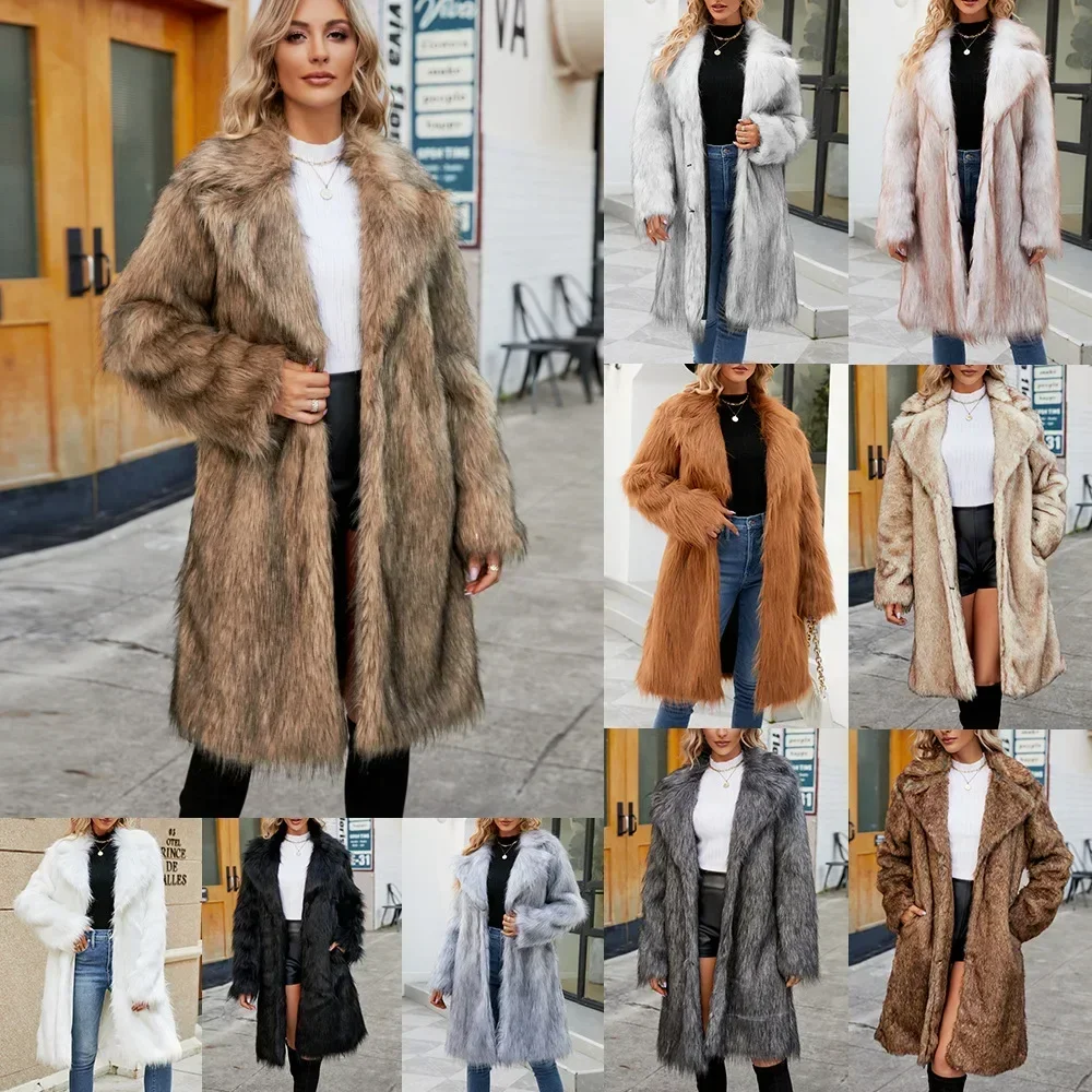 

Faux Fur Coat Women Suit Collar Long Sleeve Fashion Long Faux Fur Coat for Women