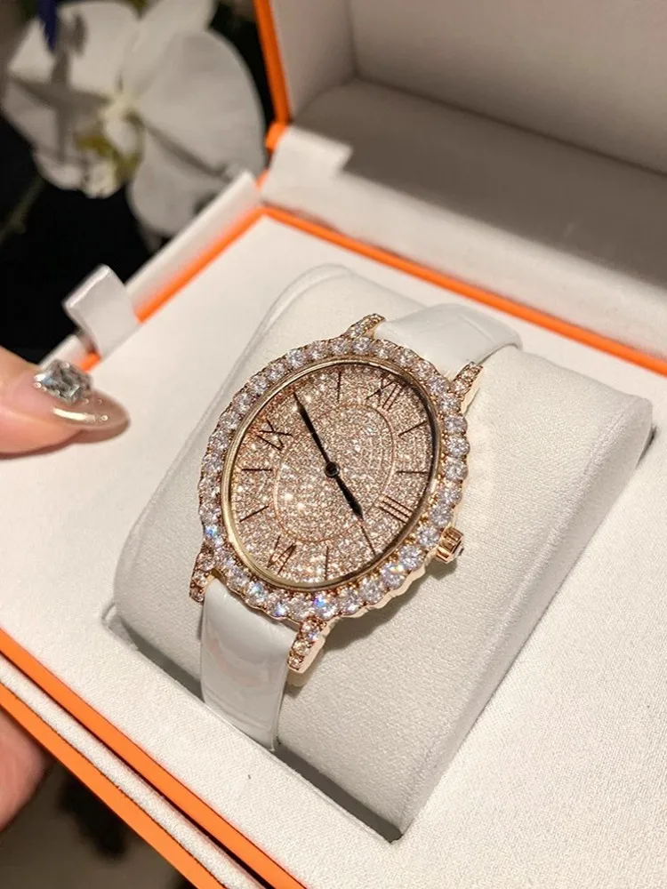 Fashion Women Shiny Diamonds Studded Quartz Watch Genuine Leather Strap Pin Buckle Office Ladies Work Watches Luxury Wristwatch