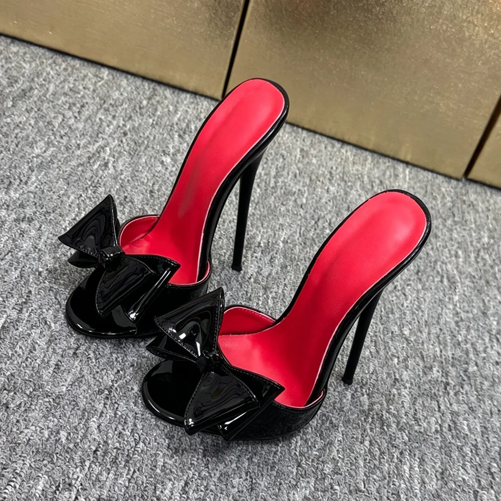 Women Sexy 14cm 16cm Ultra High Heels Black Patent Bow Peep Toe Slip On Stiletto Mules Sandals Pole Dance Club Party Wedding