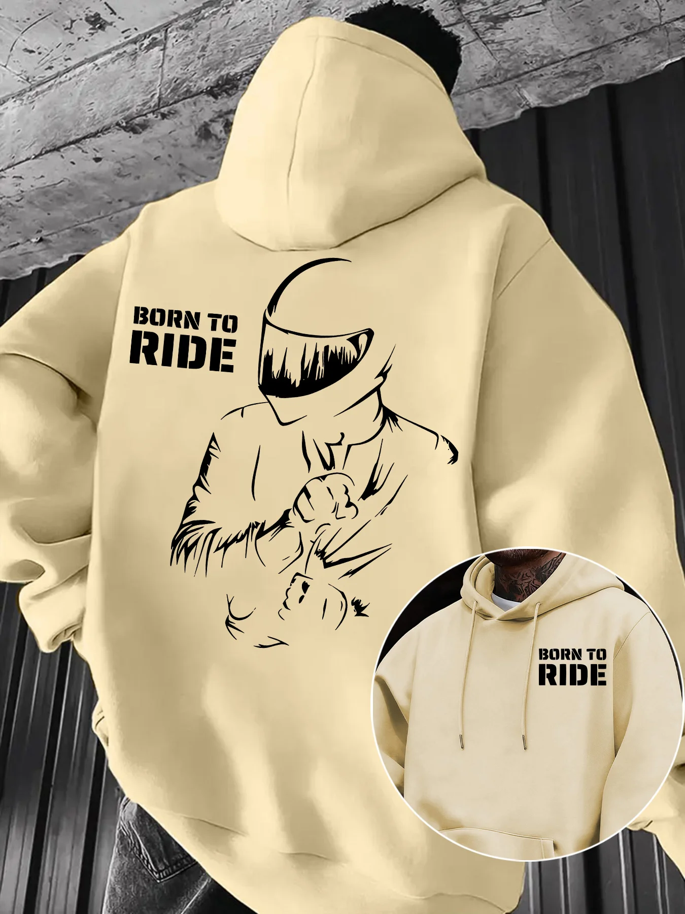 Herren Casual Oversized Kapuzenpullover Schwarz mit Aufdruck „Born To Ride“ für Motorradfahrer, locker geschnittener Langarm-Pullover. – Detail 4