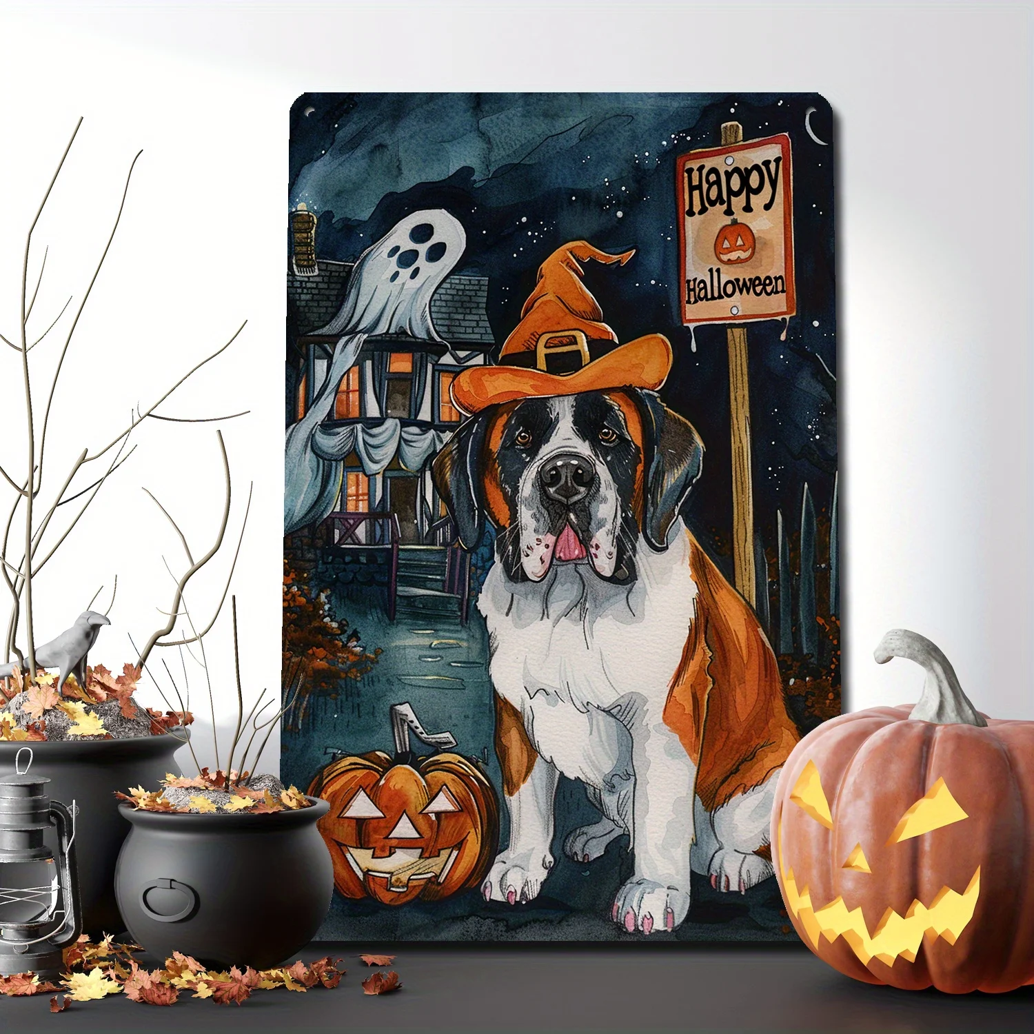 2D Flat 1pc 8x12 Inch(20cm X 30cm) Saint Bernard's Halloween Cheers Tin Sign Tavern Theme for Home and Party Waterproof Alumin