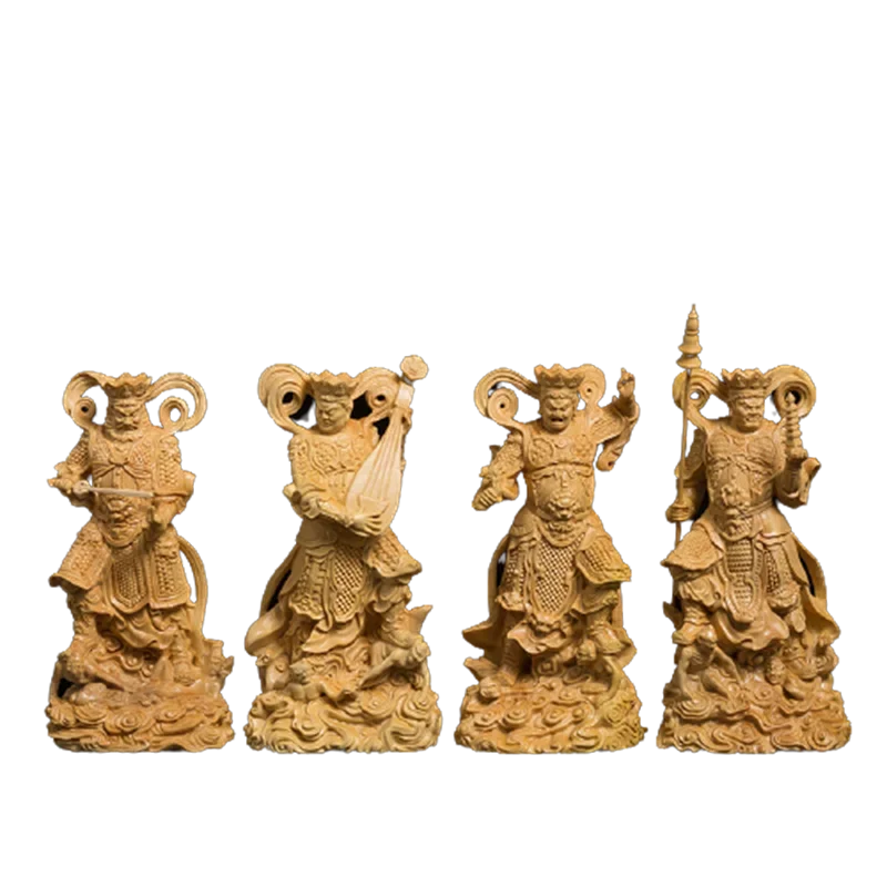 Four Kings Temple Sculpture, Wood Carved Buddhist Gods Statue