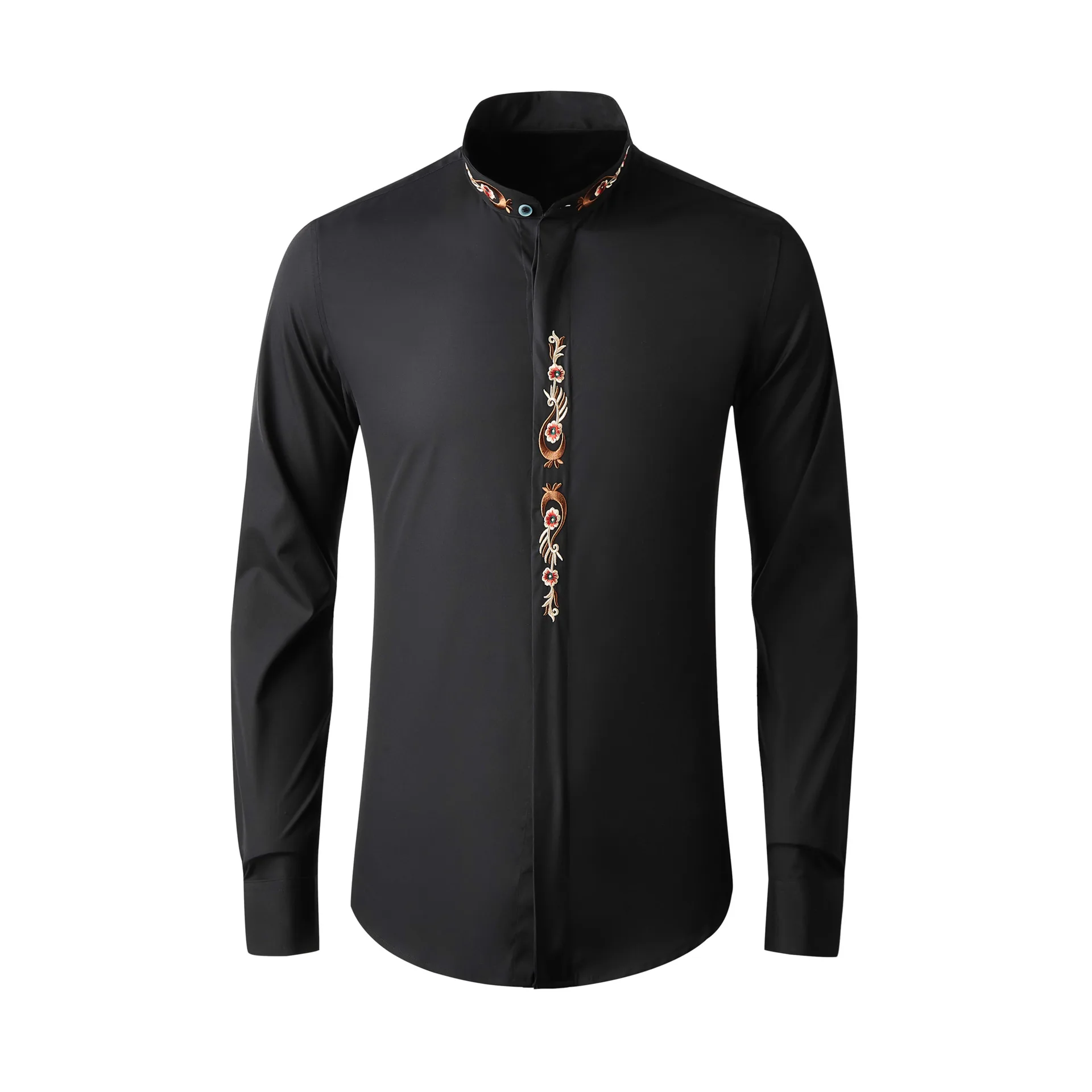 Fengwei embroidered long sleeved Chinese style men's clothing standing collar men's shirt ethnic clothing in stock