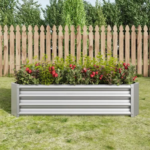 Cama de jardín elevada de metal, macetero elevado rectangular de 4 × 2 × 1 pies para flores, plantas, verduras, hierbas, plata