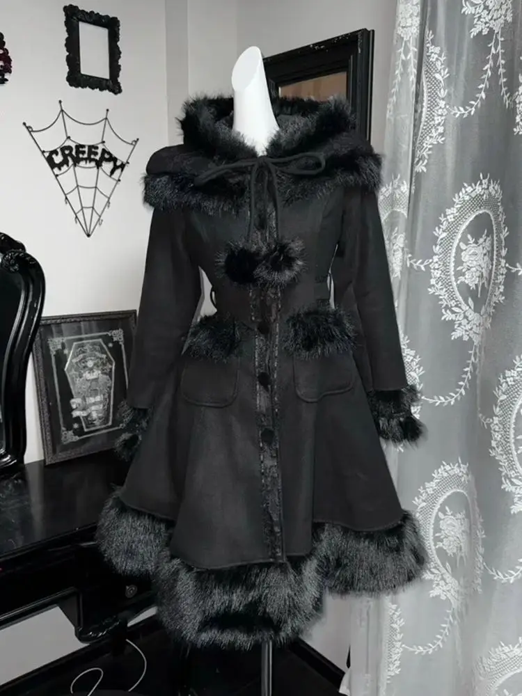 Japanische dunkle Gothic-Lolita-Vintage-Mäntel, Winter, neue warme Kunstpelzjacke mit Kapuze, Grunge, amerikanischer Retro-Stil, Wolljacke, schick für Damen