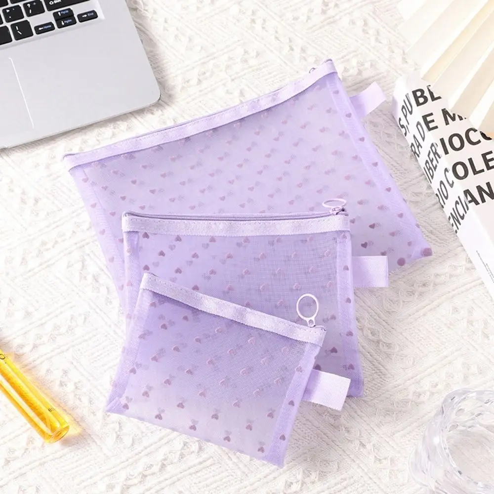 Nuevo bolso de maquillaje de malla transparente con forma de corazón, bolsa de almacenamiento de cosméticos multifunción azul/púrpura para mujer, bolsas organizadoras de lápiz labial portátiles