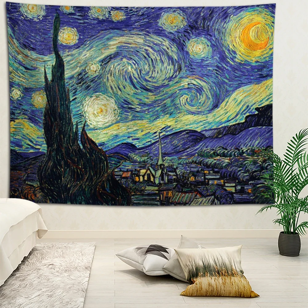 Van Gogh Wandteppich, berühmte bedruckte Decke, Wandbehang, Stern, Mond, Nacht, Wandteppich, Dekoration, Schlafzimmer, Arbeitszimmer, Mietzimmer, 95 x 75 cm