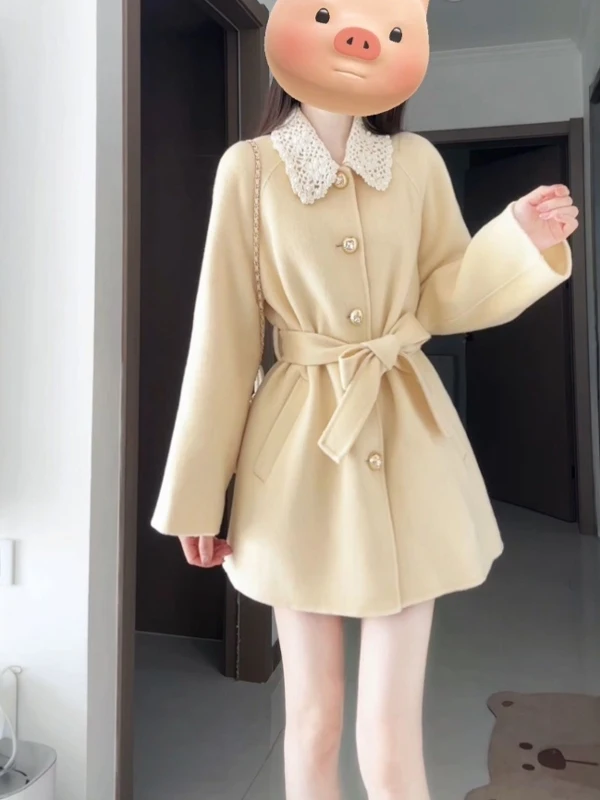 

Korean Sle Double-Faced Woolen Coat with Belt Waist-Cinching Trendy Winter Outerwear ort Coat for Women Faionable