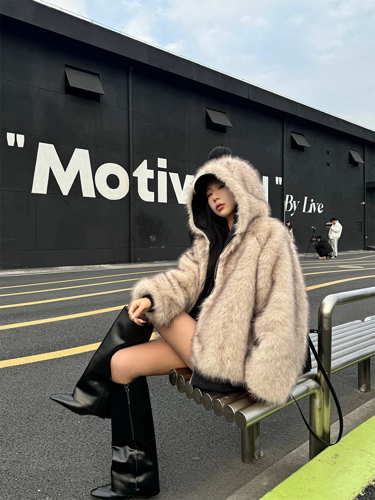 

Double-Sided American Retro Hooded Fur Jaet Women's Winter New Loose Thi Warm Top DENGDENG Commute Sle ort Coat