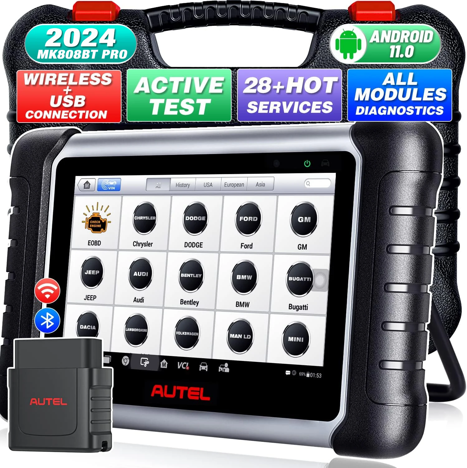 Autel MaxiCOM MK808BT PRO Bi-Directional Diagnostic Tool Supports Active Tests 36+ Services, Service Functions ABS EPB DPF SAS