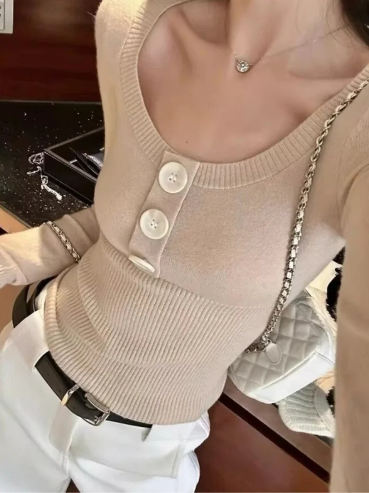 Preppy Coquette Women Henley U‑Neck Knit Crop Top, Decorative Buttons Ribbed Waist Slim‑Fit Long Sleeve Y2K Fall Sweater Blouse